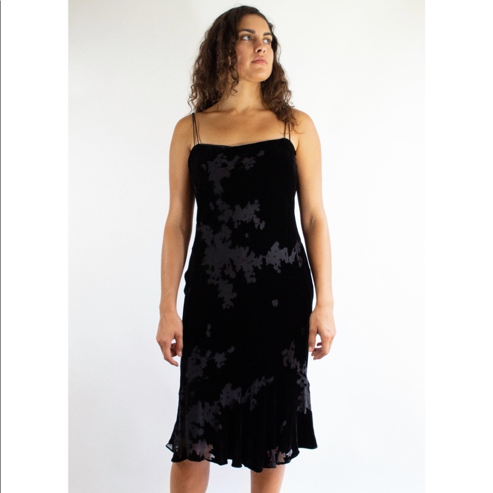 Vintage black velvet dress with sheer detail.
